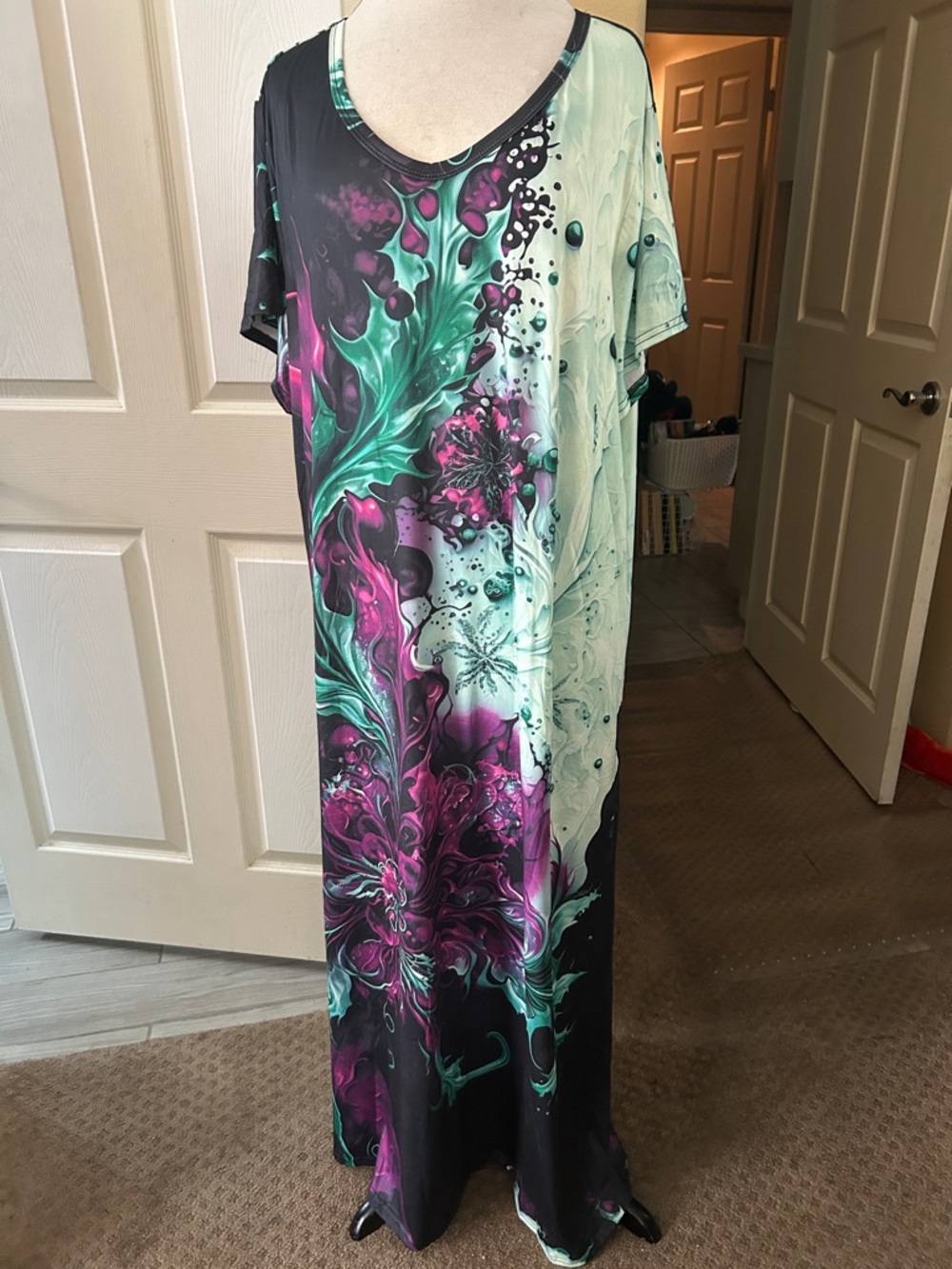 Vibrant Teal & Magenta Floral Maxi Dress